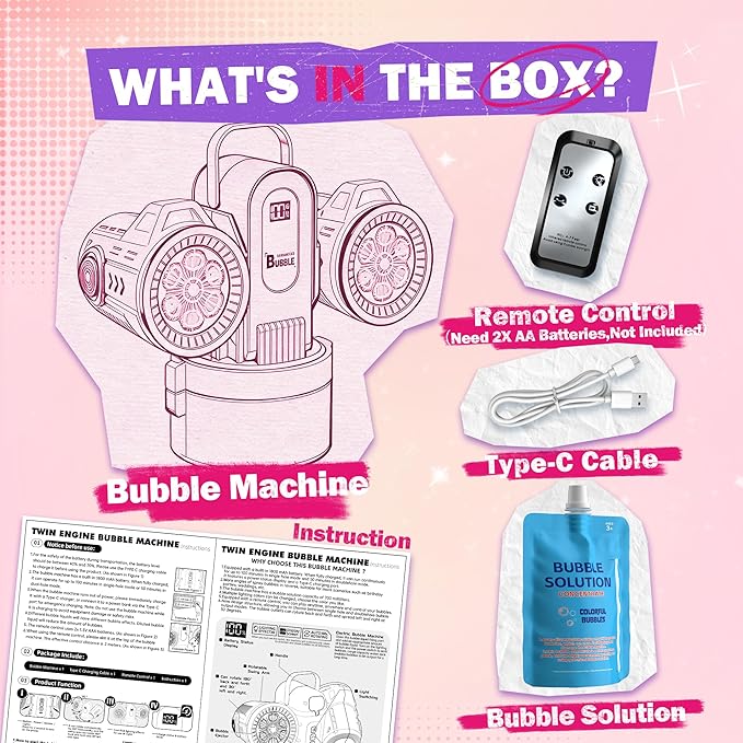 Dual-Engine Bubble Machine with Auto Rotation & RGB Lights & Remote Control,1800mA Type-C Rechargeable,700mL Tank,Bubble Maker for Kids, Party, Wedding, Backyard Outdoor Toy