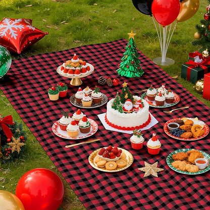 1 Pack Red Striped Gingham Tablecloths, 54 x 108 Inch Disposable Plastic Rectangle Table Covers, Waterproof Red and Black Checkered Table Cloths for Picnic, Birthday, Party, Outdoor Events