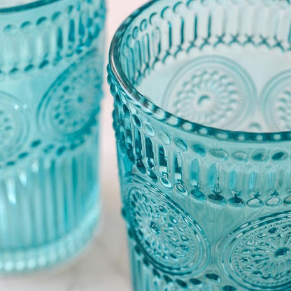 Kate Aspen Vintage Textured Aqua Blue Striped Drinking Glasses Set of 6-13 oz Ribbed Glassware with Flower Design | Cocktail Set, Juice Glass, Water Tumbler