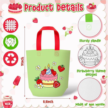 Strawberry Coloring Goodie Bags for Kids - 24Pcs Valentine's Day Strawberry Bulk Color Your Own Gift Bags with Handle FruitsTheme Reusable Coloring Bag Non Woven Tote Bag for DIY Crafts Party Favors