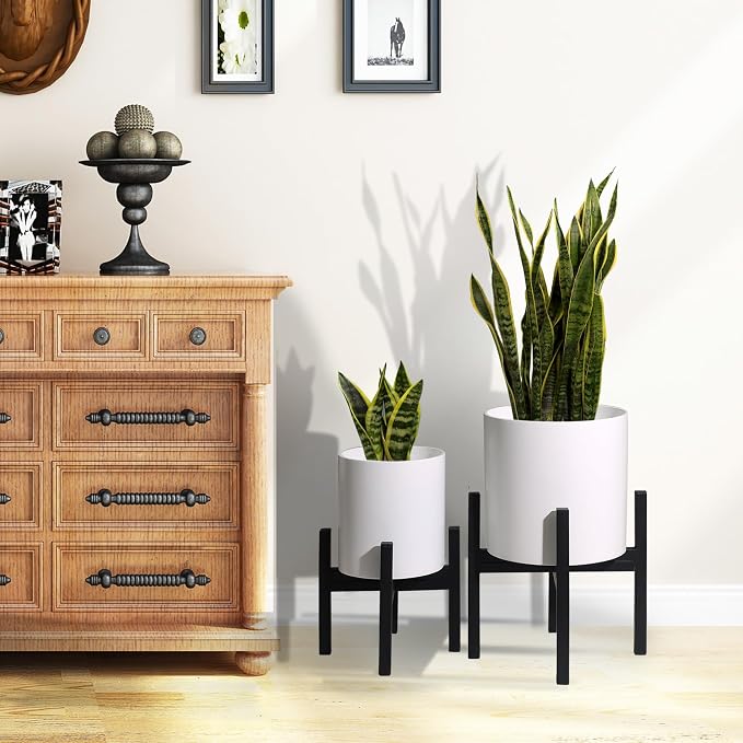 Plant Pot with Stands Set of 2, Mid Century Planters for Indoor Plants Modern Decorative Flower Pots for Balcony, Office, Living Room or Garden with Drainage Plug, 12 inch & 10 inch