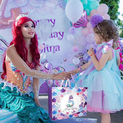 CIEHER 5th Birthday Gift Bags for Girls with Mermaid Greeting Card and Purple Tissue Papers for 5th Birthday Gifts