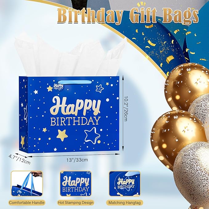 Powbrace 13" Blue Happy Birthday Gift Bag with Tissue Paper and Greeting Card for Party,Happy Birthday Gift Bag for Men Women,Gift Bags Medium size(1 PCS Blue Hot Stamping)