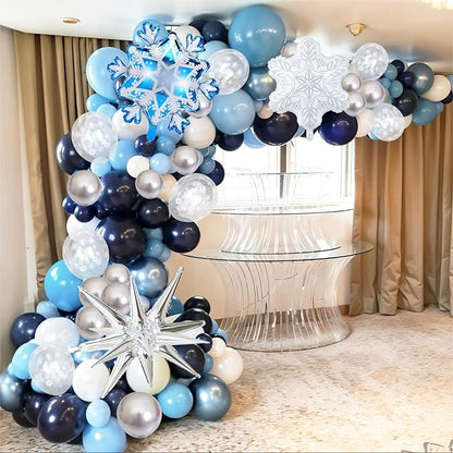 Winter Wonderland Snowflake Balloon Garland Arch Kit, 108PCS Blue and White Silver Christmas Balloons with Snowflake Foil Balloons for Snow Princess Holiday Xmas New Year Birthday Party Decorations