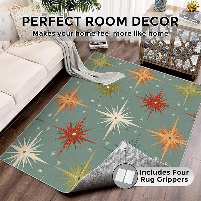Mid Century Modern Rugs for Bedroom 3x4 ft, Starburst Area Rugs for Living Room, Washable Non Slip Low Pile Abstract Atomic Carpet, Home Decor PF-P 107