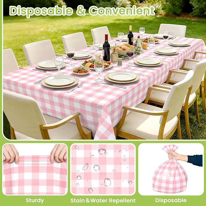 Mulbozy 4 Pcs Pink Gingham Tablecloth 54 × 108 Inches Pink and White Checkered Table Cloth Disposable Plastic Waterproof Tablecover for Outdoor Picnic, Birthday Party, Holiday Dinner