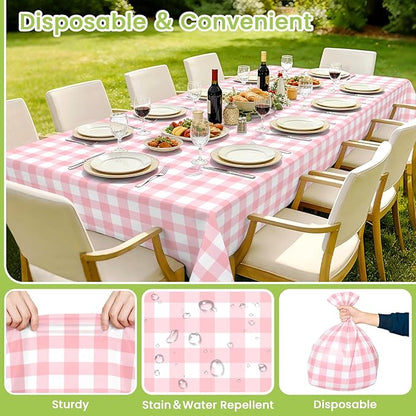 Mulbozy 4 Pcs Pink Gingham Tablecloth 54 × 108 Inches Pink and White Checkered Table Cloth Disposable Plastic Waterproof Tablecover for Outdoor Picnic, Birthday Party, Holiday Dinner