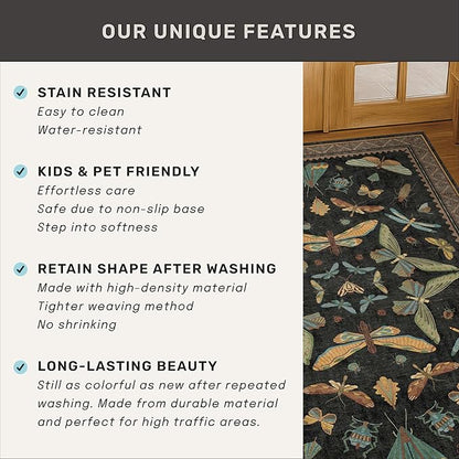 Hazo Haus Living Room Rug Black Boho 6x9 - Dining Room Rugs for Under Table, Bedroom, Insect Bug Eclectic Home Décor, Washable Non Slip Foldable