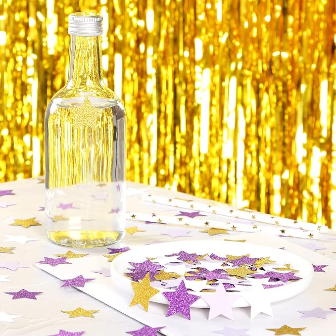 White Purple-Gold Party-Decorations Star Confetti - 300pcs Glitter Graduation 2025 Paper Table Confetti Woman Girl Birthday Party Decoration Bridal Baby Shower Wedding Decor Lasting Surprise