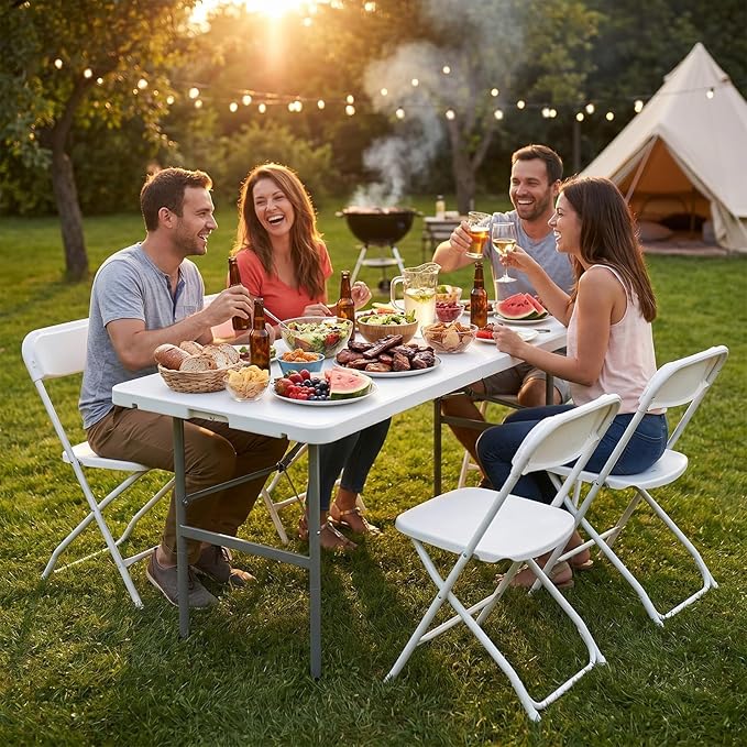 DUMOS 4 Feet Folding Picnic Table, Plastic Table with Carrying Handle, Heavy Duty Portable Table for Camping Party, White