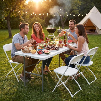 DUMOS 4 Feet Folding Picnic Table, Plastic Table with Carrying Handle, Heavy Duty Portable Table for Camping Party, White