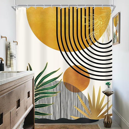 KOMLLEX Mid Century Boho Shower Curtain for Bathroom Decor Abstract Modern Sun Minimalist Aesthetic Arch Curve Leaves Geometric Yellow Gold Neutral Fabric Waterproof Polyester 12 Hook 60Wx72L