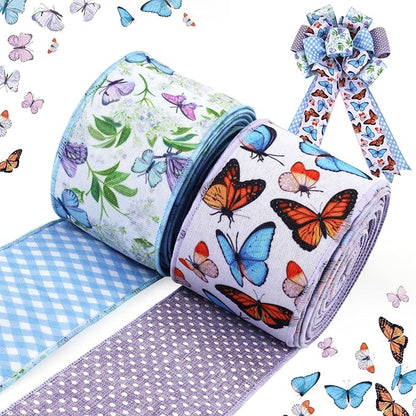 LaRibbons Double Faced Butterfly Wired Ribbon 2 Rolls 2.5 Inch x 12 Yards TTL, Blue and Purple Burlap Spring Ribbon with Plaid and Polka Dot Printed for Crafts Wreath Gift Wrapping Bow Decoration