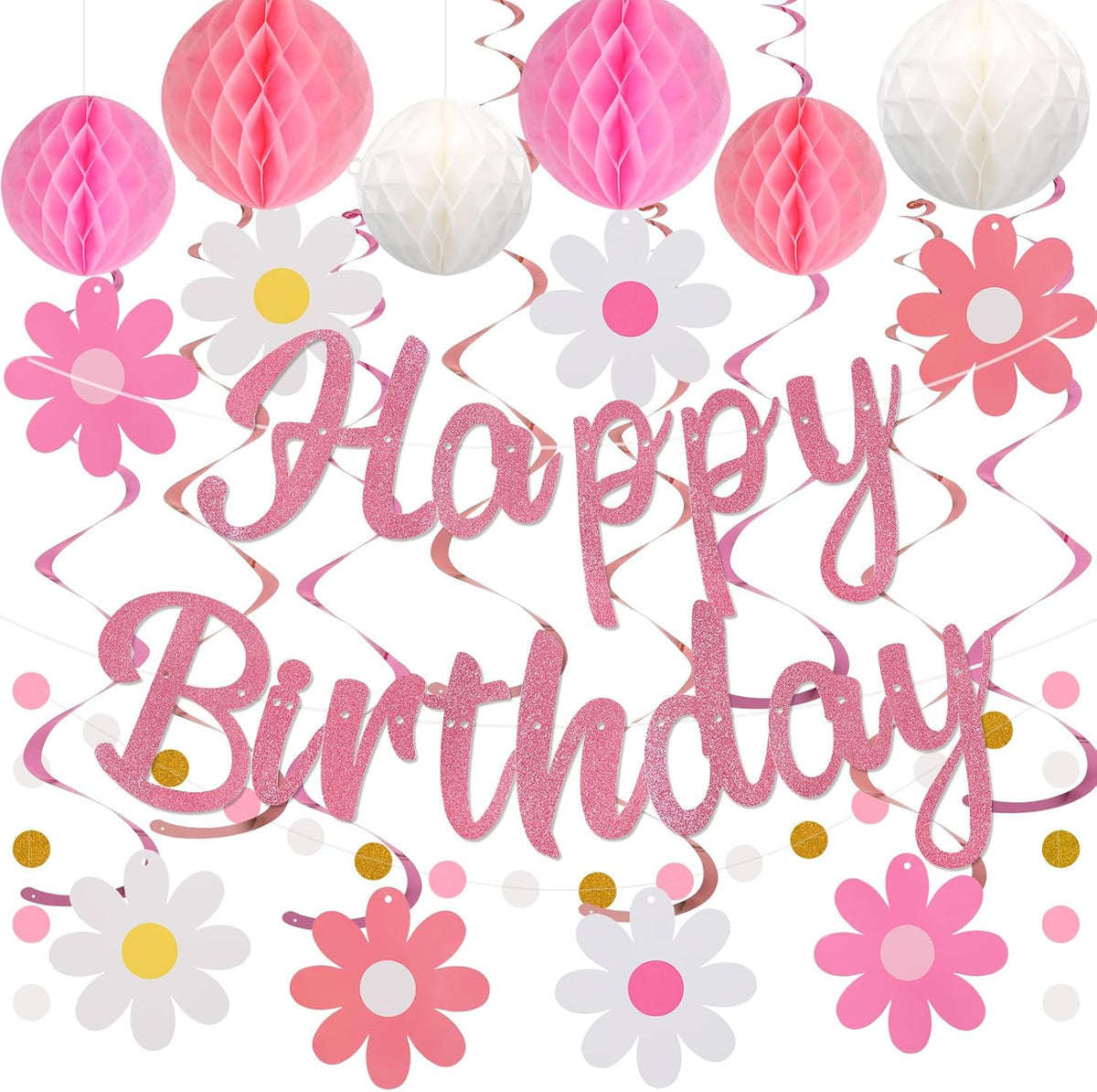 Birthday Decorations, NO DIY, Pre-Strung Happy Birthday Banner with Honeycomb Balls, Hanging Swirls, Circle Dots Garland, Happy Birthday Party Decorations for Women Men Boys Girls (Pink)