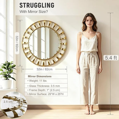 Gold Sunburst Round Wall Mirror 32", Decorative Circle Metal Frame Mirror,Large Decorative Circular Wall Mirror for Entryway or Bedroom