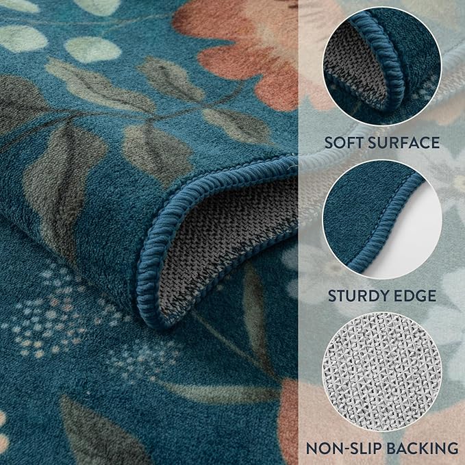 Lahome Floral Rugs for Entryway, 2x4 Washable Kitchen Rugs Ultra-Thin, Non Slip Indoor Door Mat Stain Resistant Boho Small Low-Pile Throw Carpet for Bathroom Bedroom Flore (2x4ft,Navy Blue)