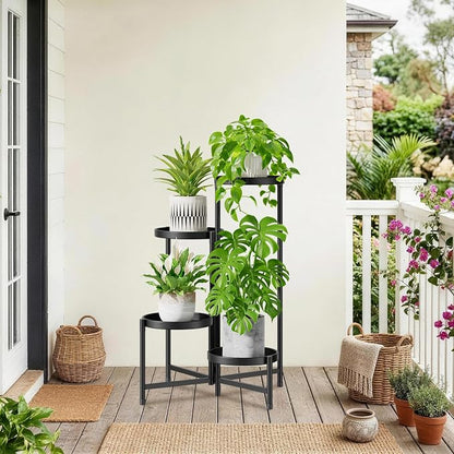 iDavosic.ly 4 Tier Large Plant Stand Indoor with 10 Inch Wide Tray, Tiered Corner Metal Outdoor Flower Display Holder Shelf, Folding Tall Rack for Patio Porch Living Room, Modern Black