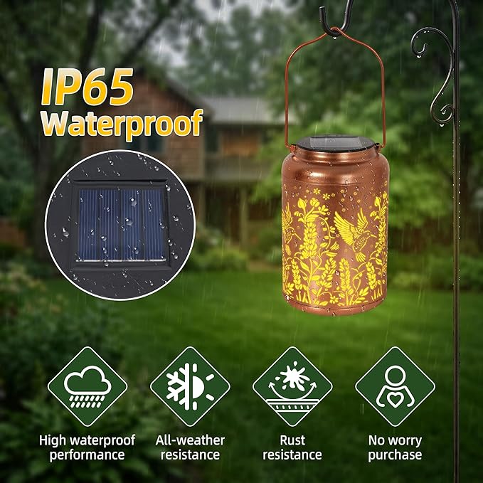 Solar Lantern Outdoor Waterproof, Gifts for Women Mom Grandma, Hanging Metal Light Hummingbird Garden Decor for Yard Patio Lawn