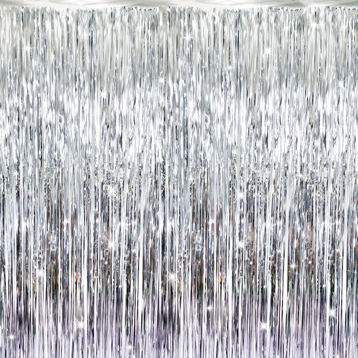 GOER 3.2 ft x 8.2 ft Metallic Tinsel Foil Fringe Curtains Party Photo Backdrop Party Streamers for Birthday,Graduation,New Year Eve Decorations Wedding Decor (Silver,1 Pack)