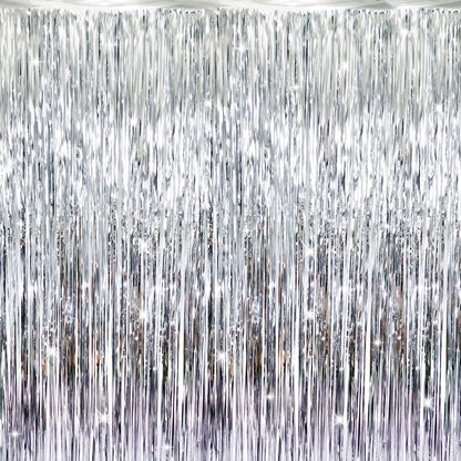 GOER 3.2 ft x 8.2 ft Metallic Tinsel Foil Fringe Curtains Party Photo Backdrop Party Streamers for Birthday,Graduation,New Year Eve Decorations Wedding Decor (Silver,1 Pack)