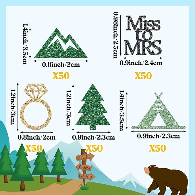 BeYumi Camp Bachelorette Table Confetti - 300Pcs Camping Table Confetti Decorations Gold Glitter Diamond Ring Miss to Mrs Mountain Tent Paper Decor for Hiking Engagement Party Supplies