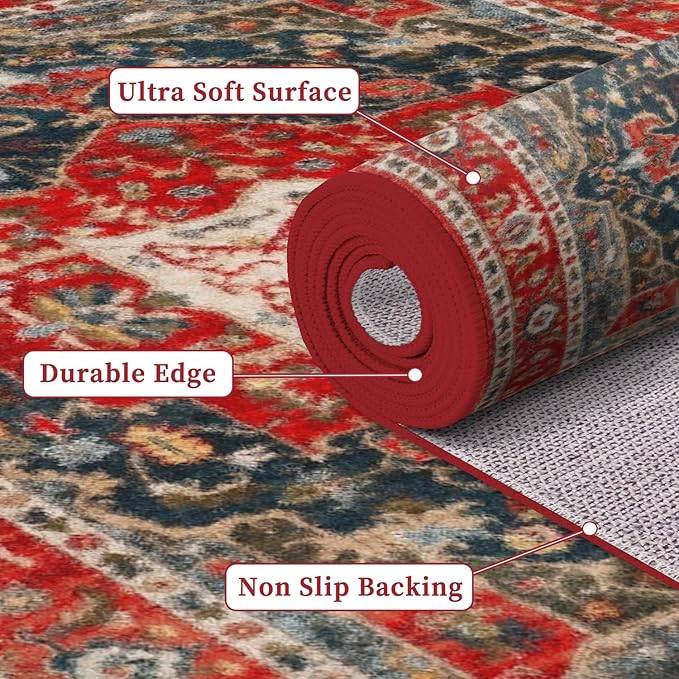 Enkor Area Soft Rugs 5x7 Washable Non Slip Boho Floor Rugs for Living Room Bedroom, Vintage Style Farmhouse Mat for Kitchen Entryway Red & Blue
