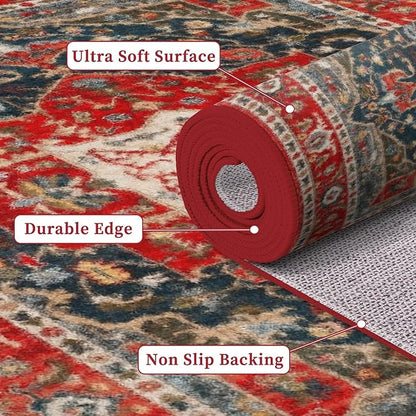 Enkor Area Soft Rugs 5x7 Washable Non Slip Boho Floor Rugs for Living Room Bedroom, Vintage Style Farmhouse Mat for Kitchen Entryway Red & Blue