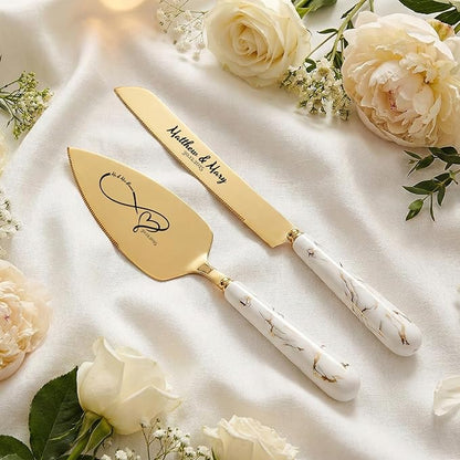 sinfinate Personalized Wedding Cake Knife and Server Set Gold - Custom Engraved Stainless Steel Cake Servers Cutting Set with Marble Pattern, Elegant Gift for Wedding Anniversary Birthday Christmas