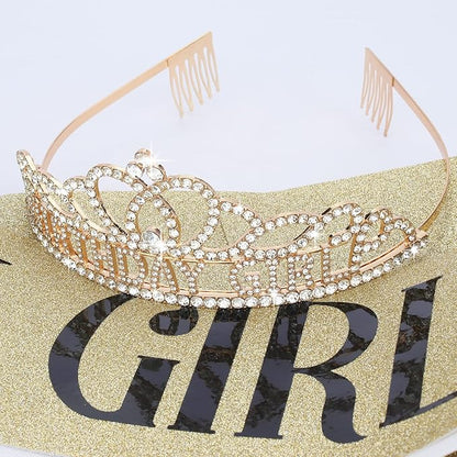 CIEHER Birthday Girl Sash and Birthday Crown Gold Birthday Tiara for Women Birthday Girl Headband Princess Crown Gold Birthday Decorations Birthday Crown and Sash Rhinestone Happy Birthday Accessories