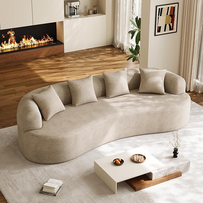 Oversized Sectional Sofa for Living Room, Modern Luxury Plush Chenille 4-Seater Extra Deep & Wide Seat Curved Cloud Couch with 4 Throw Pillows, No Assembly Needed, Light Brown