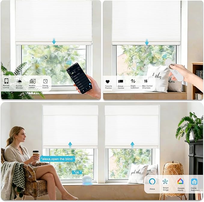 Motorized Bamboo Roman Shades, Motorized Blinds with Remote Compatible with Homekit, Alexa GoogleHome, Smart Wood Woven Shades for Indoor Windows, Customize, Snowfold