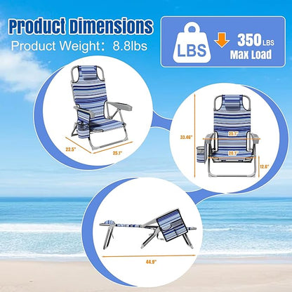 DIAMONDFORGE Lightweight Portable Beach Chair for Adults, 350 LBS Capacity Backpack Beach Chair, Reclining Beach Chair with 5-Position Lay Flat, Large Cup Holder for Beach Camping Sports, 1 Pack Blue