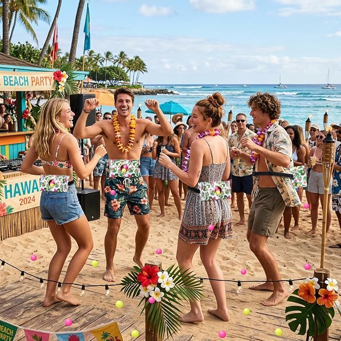 4 Sets Luau Party Games Tropical Hawaiian Luau Safari Shake Box, 4 Adjustable Belts and 80 Balls, Swing Shaking Balls Set for Adults Outdoor Indoor Group Party Game
