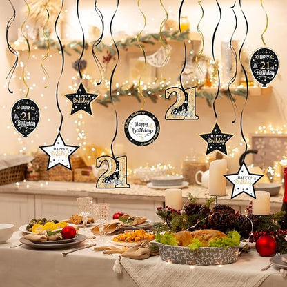 Happy 21st Birthday Black & Gold Glitter Swirls Streamers Party Decorations - 15 Pcs 21st Birthday Hanging Swirls Streamers Kit,Perfect for 21st Bday Party Sign.