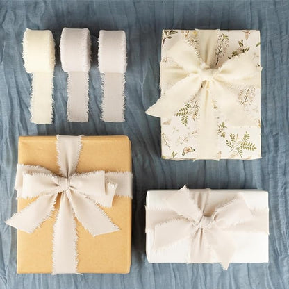 Ivory Cotton Ribbon 1 Inch Ivory 3 Rolls 21 Yards Frayed Edge Fabric Set for Wedding Invitations, Bridal Shower, Anniversary Celebration, Elegant Event Decor & Gift Wrapping