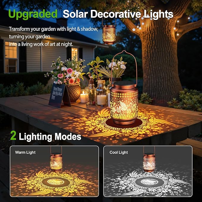 KOOPER 2 Pack Solar Lanterns Outdoor Waterproof Mothers Day Gifts for Women Mom Grandma, Metal Hummingbird Hanging Solar Lantern Outdoor, 2 Modes Outdoor Decoration for Yard, Patio, Garden, Porch