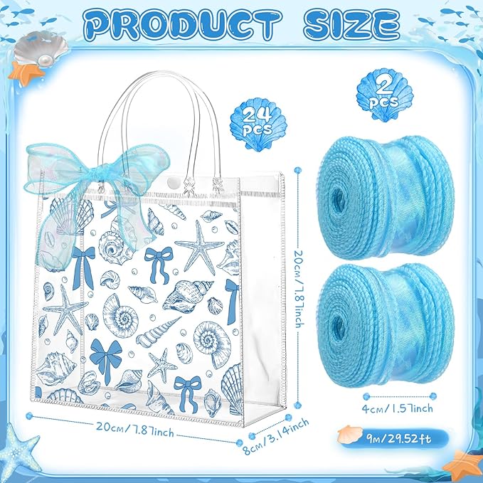 Motipuns 24 Pcs Clear PVC Gift Bags with Handles and Ribbon Party Favor Reusable Plastic Goodie Candy Treat Bags for Birthday Party Supplies(Ocean)