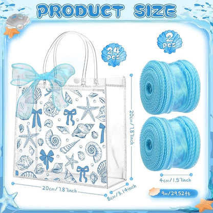 Motipuns 24 Pcs Clear PVC Gift Bags with Handles and Ribbon Party Favor Reusable Plastic Goodie Candy Treat Bags for Birthday Party Supplies(Ocean)