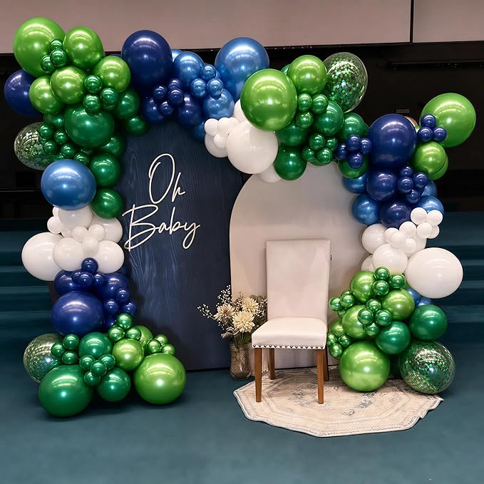 Blue and Green Balloons, 60Pcs 12Inch Metallic Navy Blue Metallic Light Green Confetti Balloons for Dinosaur Graduation Baby Shower Birthday Party Decorations