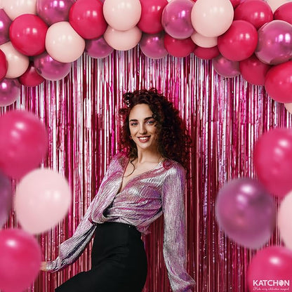 KatchOn, Valentines Day Decorations Set - Huge, Pack of 52 | Pink Fringe Backdrop Curtain and Latex Balloons for Galentines Day Decorations | Bachelorette, Birthday Decoration | Pink Party Decoration