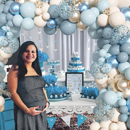 156Pcs Dusty Blue Balloons Arch Garland Kit, Dusty Baby Pastel Blue Chrome Gold Blue Sand White Confetti Balloon for Boy Baby Shower Decorations Bridal Shower Gender Reveal Birthday Party Supplies