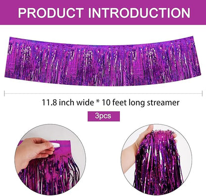 BEISHIDA 3 Packs Metallic Foil Fringe Garland Laser Purple Wall Hanging Tinsel Fringe Banners for Car Floats Bridal Shower Wedding Birthday Easter Graduation Holiday Party Decoration(30 Feet)