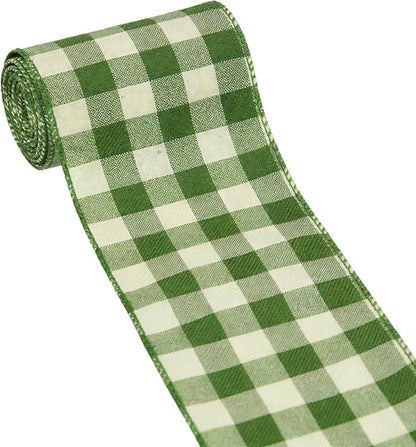 Meseey 10 Yards Sage Green and White Buffalo Plaid Burlap Ribbon 4 Inch Wired Edge Farmhouse Decor Tartan Check Pattern Ribbon for Big Bow,Fall Wreath,Gift Wrapping,Crafts(Sage Green)