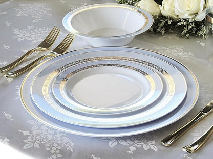 OCCASIONS 50 Blue Disposable Plates (25 Guests) - Heavyweight Plastic Plate Set with Gold Rim - 25 x 10.5" Dinner + 25 x 7.5" Salad/Dessert Plates for Wedding Party - Ritz Blue and Gold