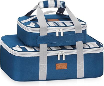 Lifewit Duo Insulated Casserole Carrier for Hot or Cold Food, Lasagna Holder 2 Compartments, Thermal Lunch Tote for Potluck Parties Cookouts, Fits 9"x13" Casserole Dish, Blue