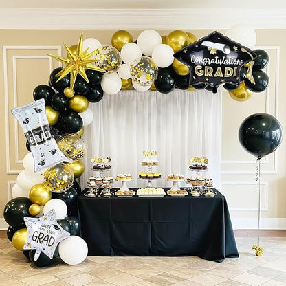 Graduation Balloon Arch Garland Kit 2026, Black Gold Confetti White Graduation Decorations with Foil Grad Cap Diploma Star Balloons for Congrats Class of 2026 Graduates Celebrations Party Decorations