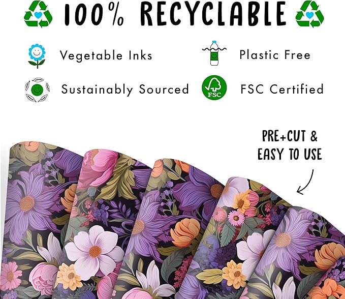 CENTRAL 23 Floral Wrapping Paper For Women - 6 Sheets Of Birthday Gift Wrap - Pink Purple White Yellow Flowers - Spring - Bridal Shower - Comes With Stickers