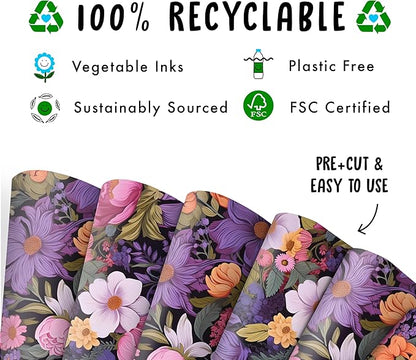CENTRAL 23 Floral Wrapping Paper For Women - 6 Sheets Of Birthday Gift Wrap - Pink Purple White Yellow Flowers - Spring - Bridal Shower - Comes With Stickers