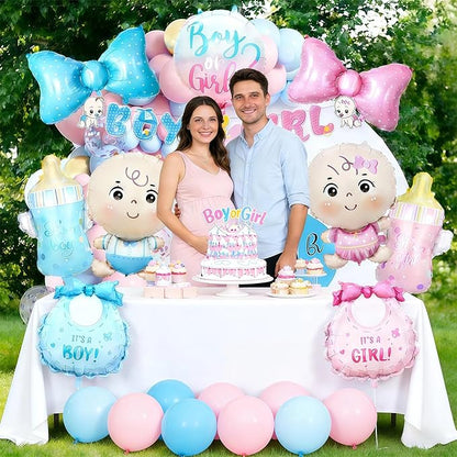 Gender Reveal Decoration Set - Includes Foil Balloon (Boy & Girl, Bibs, Bottles, Bows), 16inch Large Foil Balloon for Gender Reveal Party, Baby Shower Decor
