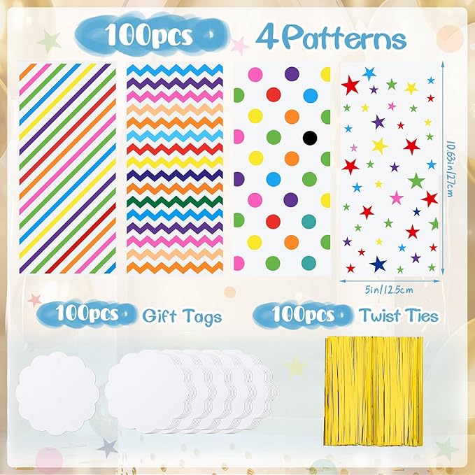 woric 100 Set Rainbow Cellophane Treat Bags 5 x 10.6 Inch Clear Candy Party Favor Bags with 100 Gift Tags and Twist Ties for Mother's Day Rainbow Colorful Party Baby Shower Decorations